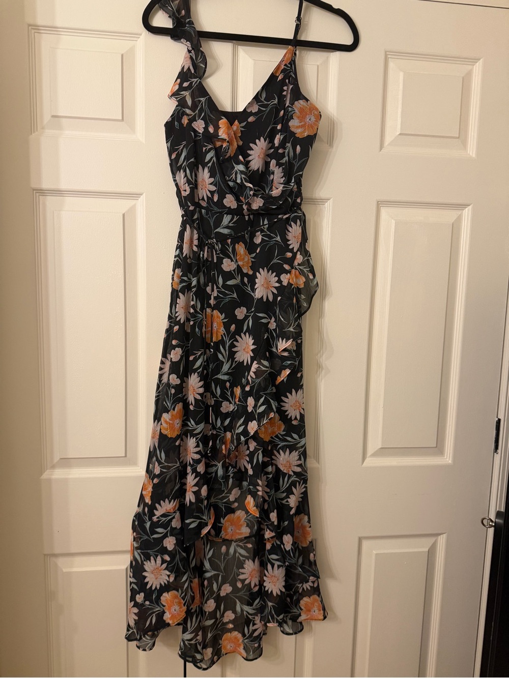 Black Floral High-Low Maxi Dress with Orange & Cream Flowers